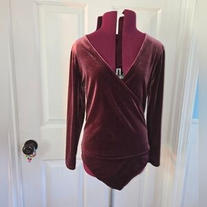 Banana Republic Burgundy Velvet Faux Wrap Medium Long Sleeve Bodysuit